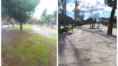 Vista previa a las obras en el Parque de Aluche (i) y vista del parque tras las obras, con la zahorra sobre el suelo (d).