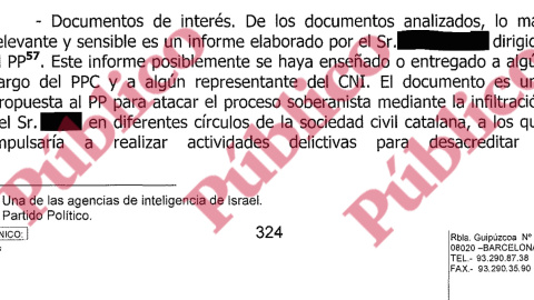 Fragmento de una de las 203 páginas del "Libro Segundo" del Oficio 3022/17 de la Brigada Provincial de Barcelona de la Policía Nacional, en el que se revela la identidad del "agente Hebrón", cuyo nombre hemos tachado en 'Público'.