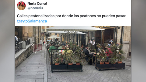 Imagen de una calle de Salamanca ocupada por una terraza.