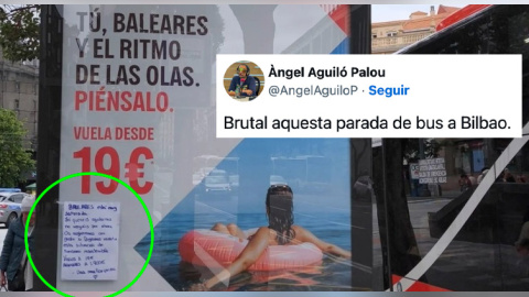 El mensaje con un ruego en una parada de bus de Bilbao sobre sobre el turismo de masas en Balears