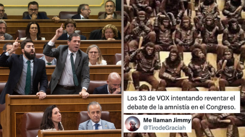 Diputados de Vox gritando en el Congreso en una imagen de Europa Press y a la derecha un meme. 