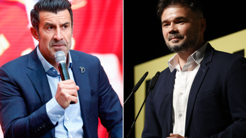 Luis Figo y Gabriel Rufián, en dos imágenes de archivo.- EUROPA PRESS