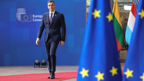 El presidente del Gobierno, Pedro Sánchez, a su llegada a Bruselas este jueves para participar en el Consejo Europeo.