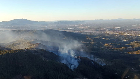 Imatge aèria de la columna de fum de l'incendi al Coll de l'Alba, a Tortosa.