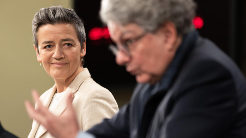 La vicepresidenta de la Comisión Europea para la Era Digital, Margrethe Vestager, durante una rueda de prensa.