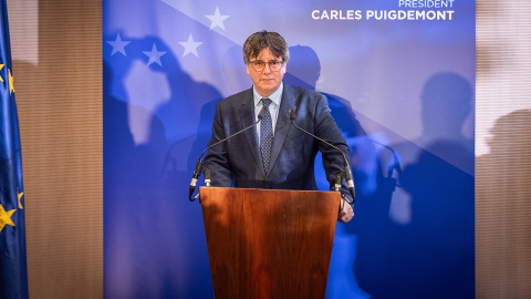 El expresidente de la Generalitat y eurodiputado de Junts, Carles Puigdemont, durante una rueda de prensa en Bruselas, a 5 de septiembre de 2023.