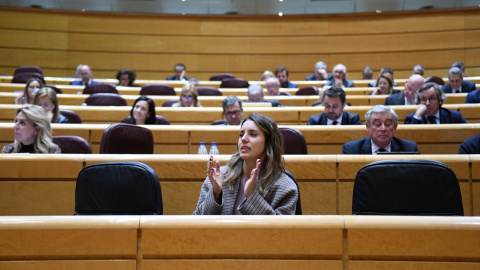 La ministra de Igualdad, Irene Montero, aplaude durante una sesión plenaria, en el Senado, a 8 de febrero de 2023, en Madrid.