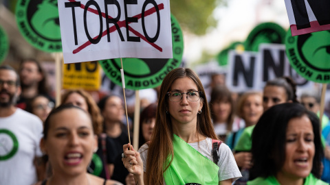 Manifestación antitaurina en las inmediaciones de la plaza de toros de las Ventas, a 16 de septiembre de 2023, en Madrid.