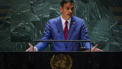 Pedro Sánchez, durante su alocución en el 78º período de sesiones de la Asamblea General de las Naciones Unidas en la Sede de las Naciones Unidas, a 20 de septiembre de 2023.