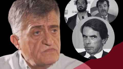 El Gran Wyoming en un momento de la entrevista en 'Xplica' de La Sexta acompañado en una imagen de montaje de José María Aznar, Alvise Pérez y el presidente del CGPJ, Vicente Guiliarte.