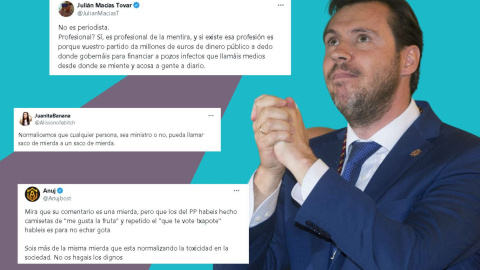 Óscar Puente con las manos entrelazadas en una imagen de archivo a la que acompañan los tweets de reacciones.