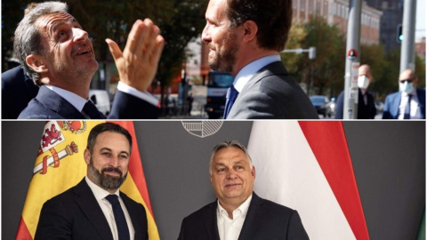 Arriba, Pablo Casado y Nicolás Sarkozy. Abajo, Santiago Abascal y Viktor Orbán.