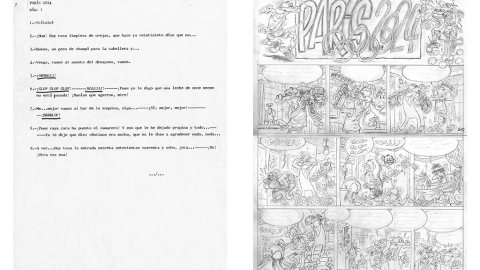 Original a llapis inicial amb el guió al costat de l'àlbum pòstum inconclús de Francisco Ibáñez 'París 2024'