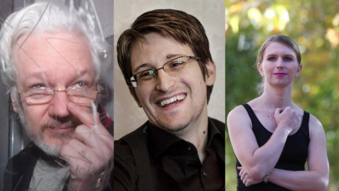 Julian Assange, Edward Snowden y Chelsea Manning, en imágenes de archivo.