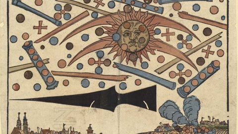 Grabado alemán que refleja un fenómeno acaecido en 1561 en Nuremberg que fue descrito por creyentes de la ufología como una batalla de naves extraterrestres. La Ciencia lo llama "perro de cielo"