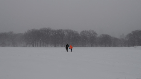 Dos personas se dan la mano mientras cruzan 'Sheep Meadow' cubierto de nieve, en Central Park en Nueva York