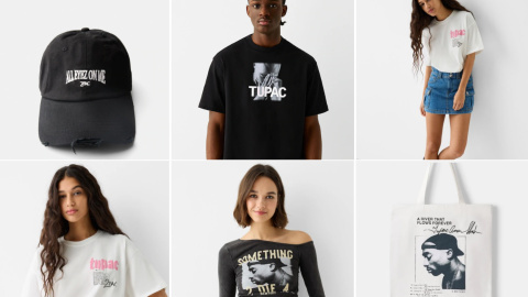 Colección de productos de Bershka dedicados al rapero Tupac Shakur.