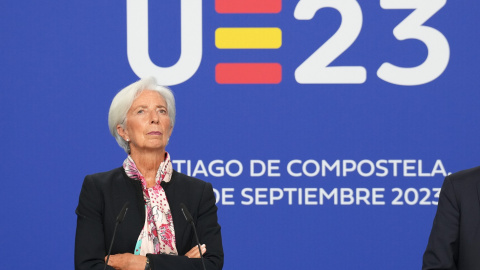 La presidenta del Banco Central Europeo (BCE), Christine Lagarde, durante una rueda de prensa tras la reunión informal de ministros de economía en el marco de la Presidencia de España de la UE, en Santiago de Compostela. E.P./Álvaro Ballesteros