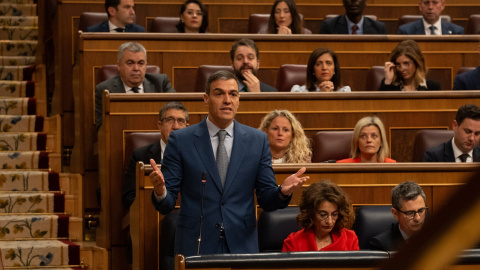 El presidente del Gobierno, Pedro Sánchez, interviene durante una sesión de control al Gobierno, en el Congreso de los Diputados, a 20 de marzo de 2024