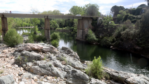 El riu Ter al seu pas per la Cellera, a l'altra banda del pont que dona a la presa del Pasteral