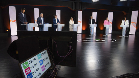 De izq. a der. Joseba Díez Antxutegi (PNV), Javier De Andrés (PP), Eneko Andueza (PSE-EE), Nerea Kortajarena Ibañez (EH Bildu), Juantxo López de Uralde (Elkarrekin Podemos), Alba García (Sumar), y Amaya Martínez (Vox), en el primer debate en televis