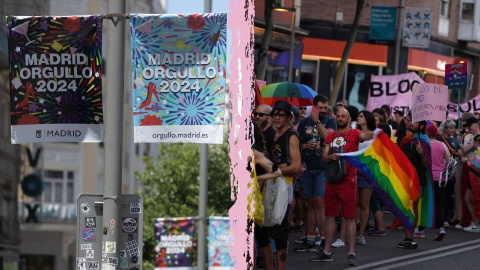 Montaje de dos imágenes, los carteles del MADO a la izquierda, y la manifestación del Orgullo Crítico de 2023 a la derecha.