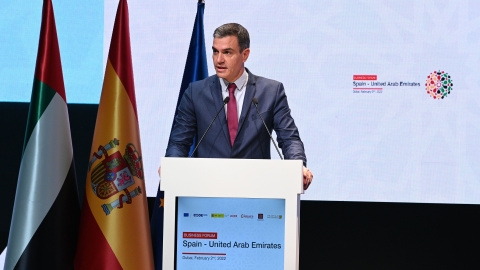 El presidente del Gobierno, Pedro Sánchez, en una de sus intervenciones realizadas en Dubai.