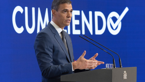 31 de julio de 2024. El presidente del Gobierno, Pedro Sánchez, comparece para hacer balance del curso político, en el Complejo de la Moncloa, a 31 de julio de 2024.