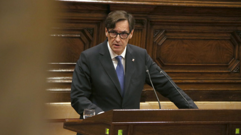 El candidato del PSC, Salvador Illa, durante su intervención en el "acto equivalente" a la investidura