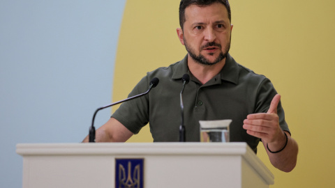 El presidente ucraniano, Volodymyr Zelensky, en una conferencia de la Plataforma de Crimea en Kiev, Ucrania, a 23 de agosto de 2023.