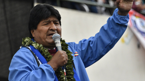 El expresidente de Bolivia (2006-2019) Evo Morales habla durante las celebraciones del 26 aniversario del gobernante partido Movimientos Al Socialismo (MAS), en La Paz, el 29 de marzo de 2021.