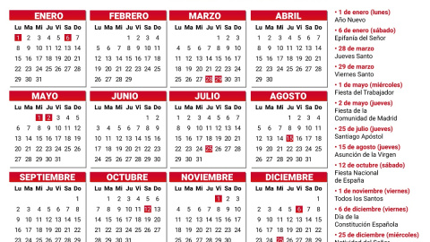 El calendario laboral con los festivos de la Comunidad de Madrid para el año 2024