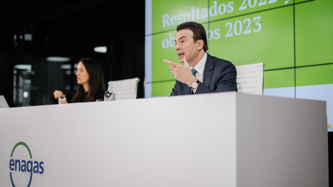 El consejero delegado de Enagás, Arturo Gonzalo, durante la rueda de prensa de presentación de resultados 2022. E.P./Alejandro Martínez Vélez