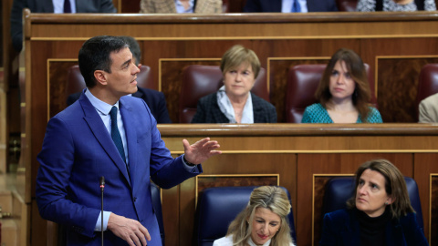 22/02/2023.- El presidente del Gobierno, Pedro Sánchez, interviene durante la sesión de control al Gobierno celebrada este miércoles en el Congreso de los Diputados. EFE/ Zipi