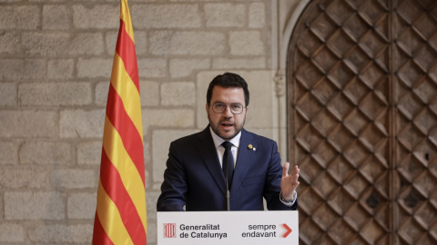 16/10/2023 - El presidente de la Generalitat de Cataluña, Pere Aragonès, compareció este mediodía tras analizar con su gobierno el informe sobre las vías para un referéndum pactado.