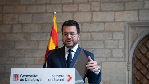 16/10/2023 - El presidente de la Generalitat, Pere Aragonès, durante una rueda de prensa tras la reunión del Govern para valorar el informe para pactar un referéndum de autodeterminación.