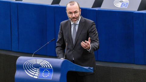 El líder del Partido Popular Europeo, Manfred Weber, en el pleno del Parlamento Europeo en Estrasburgo (Francia).