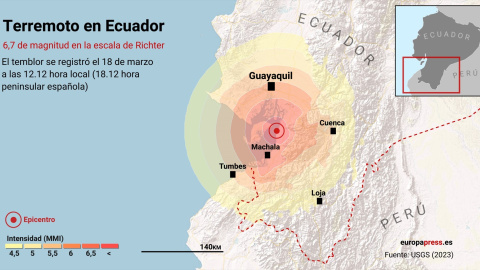 Mapa que representa la localización del terremoto de 6,7 de magnitud en la escala de Richter que ha sacudido este sábado la costa del Pacífico ecuatoriano.