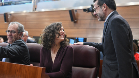 La presidenta de la Comunidad de Madrid, Isabel Díaz Ayuso, conversa con el consejero de Economía, Hacienda y Empleo de la Comunidad de Madrid, Javier Fernández-Lasquetty, durante una sesión plenaria en la Asamblea de Madrid, a 1 de diciembre de 2022,