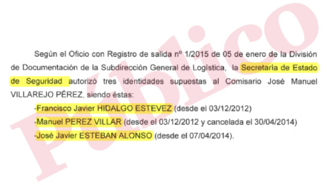 Escrito en el que constan las identidades supuestas autorizadas por la Secretaría de Estado de Seguridad al comisario José Manuel Villarejo