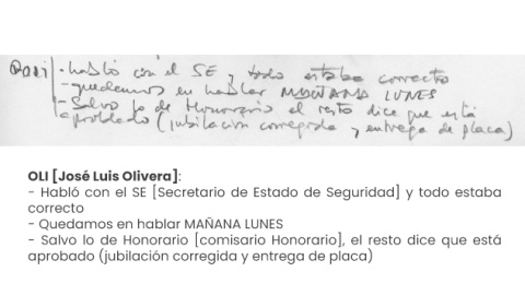 Apunte de la agenda de José Manuel Villarejo sobre José Luis Olivera "jubilación completa y entrega de placa" del primero