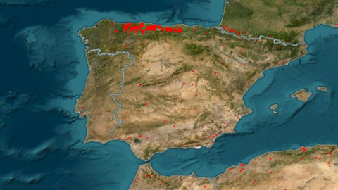 Mapa de los incendios en Asturias.