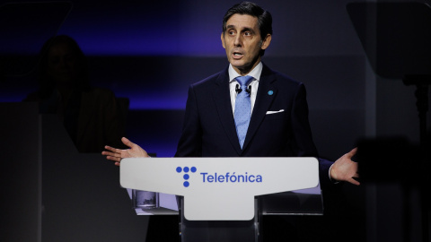 El presidente ejecutivo de Telefónica, José María Álvarez-Pallete López, durante su intervención en la junta de accionistas de la operadora. E.P./ Alejandro Martínez Vélez