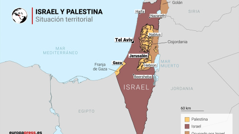 Mapa político de Israel y los territorios palestinos con la ubicación de Cisjordania y la Franja de Gaza y los territorios en disputa entre Israel, Siria y Líbano en el norte.