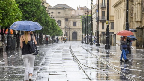 Varias personas se protegen de la lluvia el pasado jueves en la Avenida de La Constitución de Sevilla.