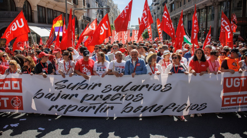 Cabecera de la marcha por el Día Internacional de los Trabajadores en el Círculo de Bellas Artes, a 1 de mayo de 2023, en Madrid