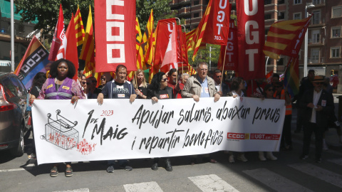 Manifestació de CCOO i la UGT amb motiu del Primer de Maig a Lleida