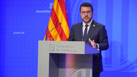 El president de la Generalitat, Pere Aragonès, durant la compareixença d'aquest dimarts.