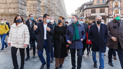 La presidenta de La Rioja, Concha Andreu, el candidato del PSOE a la Presidencia de la Junta, Luis Tudanca, la presidenta de Navarra, María Chivite, el presidente de Castilla La Mancha, Emiliano García-Paje, el presidente de Aragón, Javier Lambán, y e