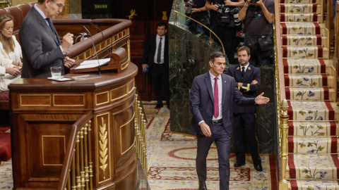 El candidato a la presidencia del Gobierno y líder del PP, Alberto Núñez Feijóo (i) durante su intervención junto al presidente del Gobierno en funciones, Pedro Sánchez (d) en la segunda jornada del debate de su investidura en el Congreso este miér